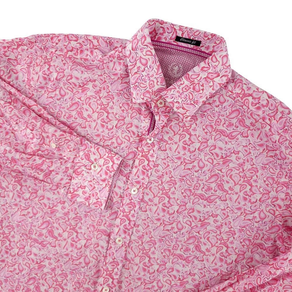 Bugatchi Uomo Shirt Mens M Pink Paisley Long Sleeve Button Up Classic Fit